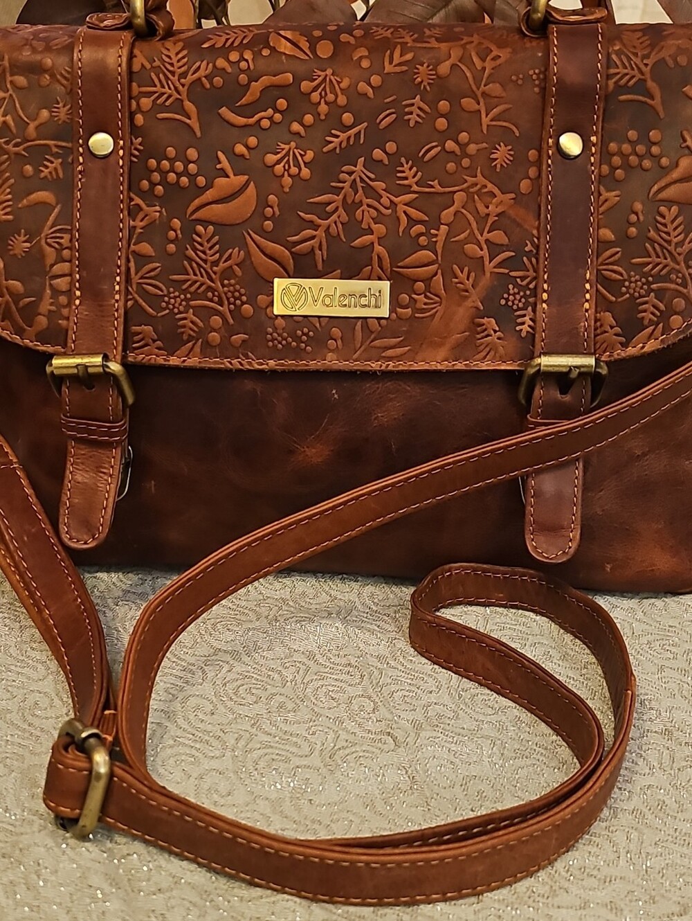 Valenchi Brown Embossed Leather Crossbody Bag